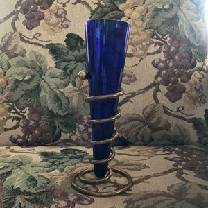 Vintage Blue glass vase with a spiraling gold holder